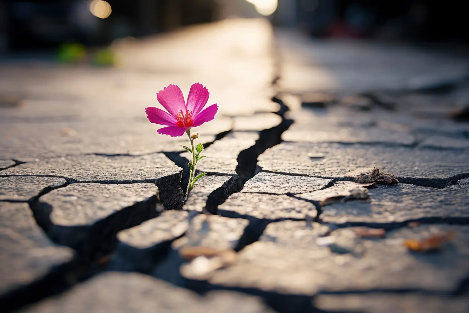 Eine widerstandsfähige rosafarbene Blume, die inmitten der Zerstörung blüht und mit generativer KI-Technologie geschaffen wurde